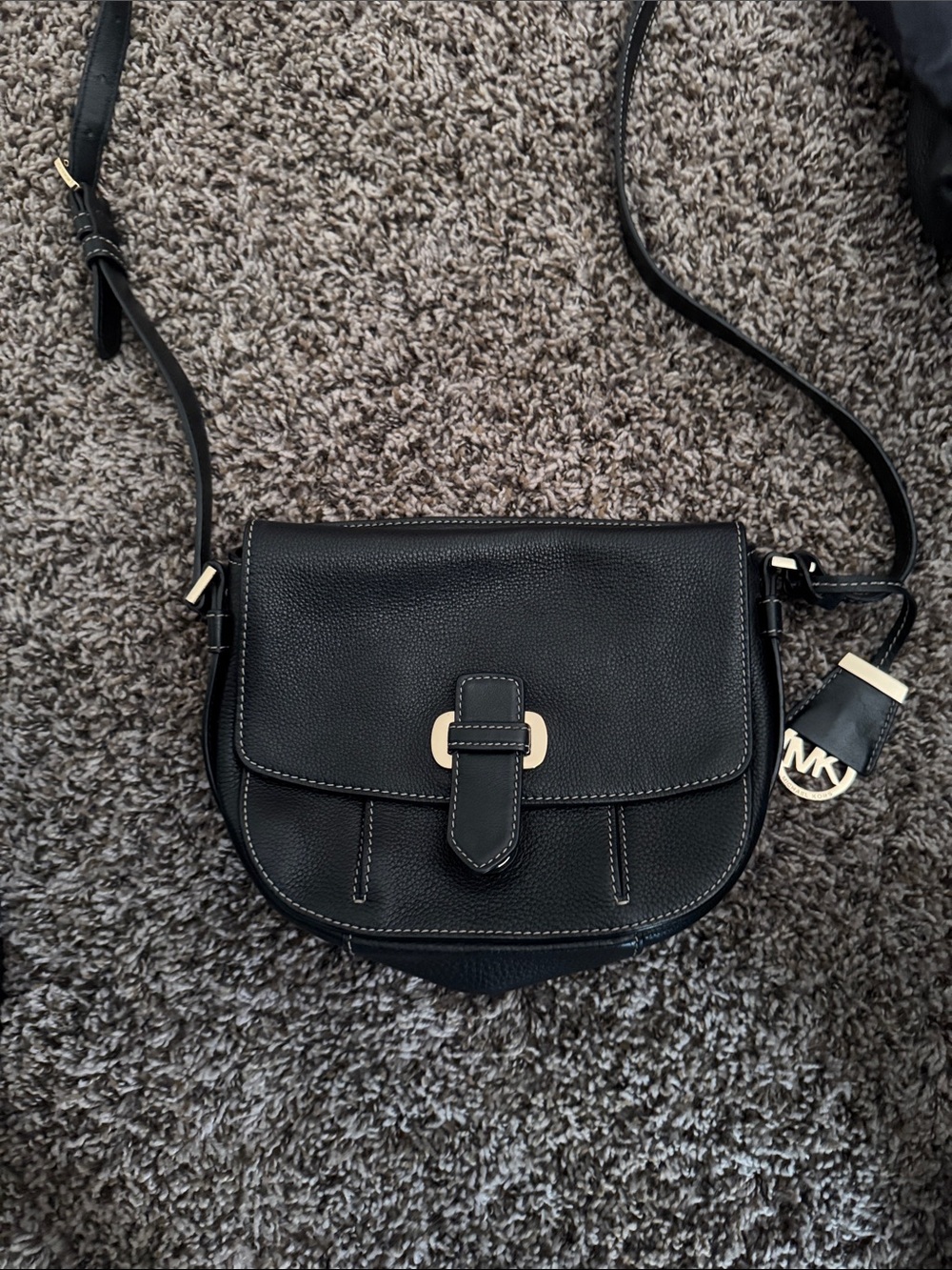 Michael Kors Black Pebbled Leather Saddle Crossbody with Gold Hardware